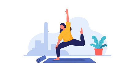 Woman practicing yoga at home, perfect for wellness websites or fitness apps.