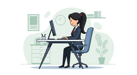 Businesswoman working on computer in modern office. Perfect for websites, brochures, and presentations.