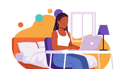 Woman working on laptop from bed, perfect for illustrating remote work, work from home, or freelance lifestyle.