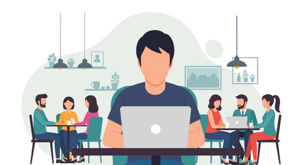 Man working on laptop in a cafe, surrounded by colleagues; ideal for illustrating remote work, coworking spaces, or freelance lifestyle.