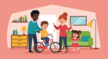 Happy family scene: Parents helping their child learn to ride a bike. Perfect for family blogs, parenting websites, and children's product advertisements.