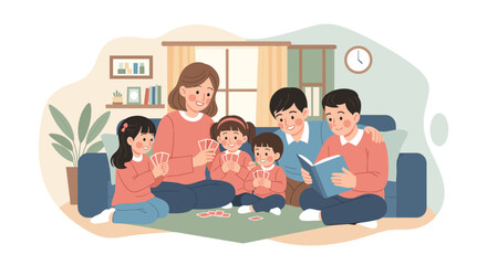 Happy family playing cards and reading together at home. Perfect for family blogs, websites, and articles about family time.