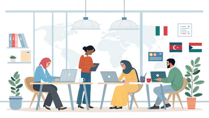 Diverse team collaborating in a modern office, perfect for illustrating global teamwork or international business.