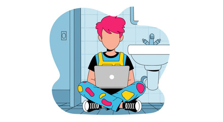 Illustration of a person working on a laptop in a bathroom, perfect for articles about remote work or unusual workspaces.