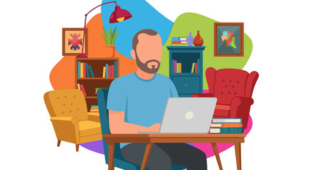 Man working from home on laptop, comfortable home office setting, ideal for website or blog post.
