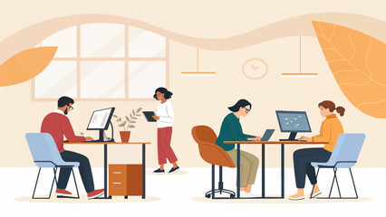 Diverse team of professionals working collaboratively in a modern office setting. Ideal for website banners, brochures, or presentations.