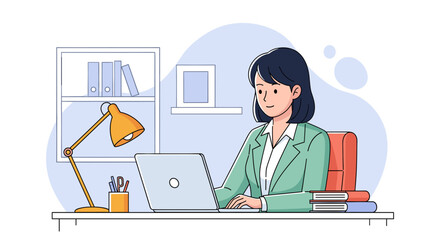 Businesswoman working on laptop at desk, perfect for website landing pages or business brochures.