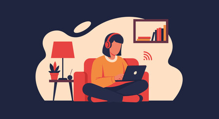 Woman working from home on laptop, wearing headphones, illustration for blog, website or social media.