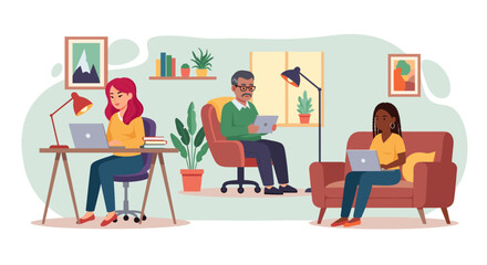 Diverse team working remotely from home, perfect for illustrating work-from-home concepts, telecommuting, or remote work.