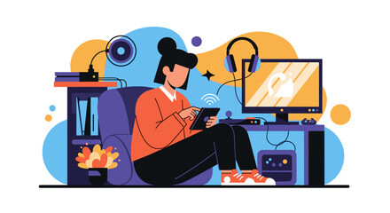 Young woman using tablet and computer at home, perfect for blogs about technology, gaming, or home life.