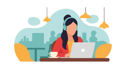 Woman working on laptop in cafe, perfect for blog posts about remote work or freelance lifestyle.