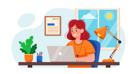 Happy woman working on laptop from home office, perfect for remote work, freelance, and work from home concepts.