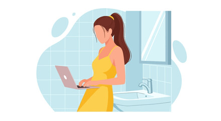 Woman working on laptop in bathroom, perfect for blog post or website illustrating work-life balance.