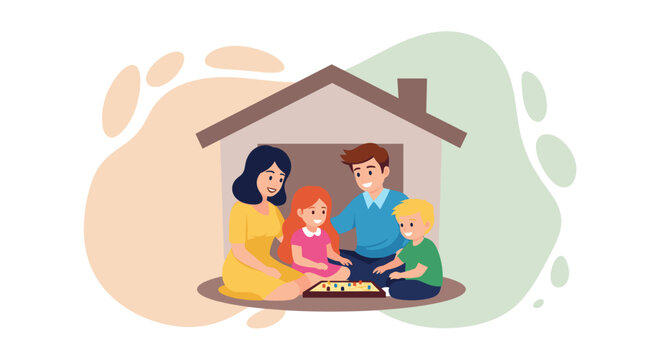 Happy family playing a board game at home, perfect for family blogs and websites.