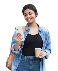 Young beautiful woman with backpack looking at smart phone isolated transparent PNG, Smiling student girl using mobile phone
