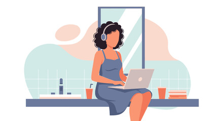 Woman working from home, using laptop and headphones. Perfect for blog posts about remote work, work-life balance, or home office setups.