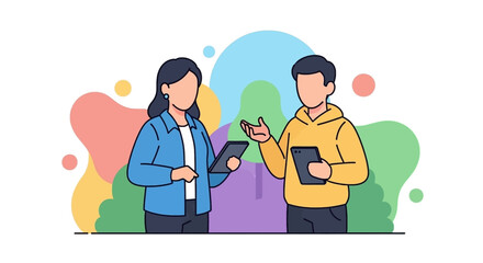 Two colleagues collaborating on tablets, perfect for a business website or presentation.