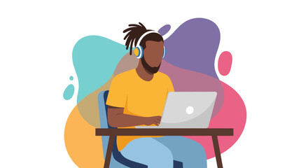 Young man with headphones working on laptop, perfect for website banners or blog posts about remote work.