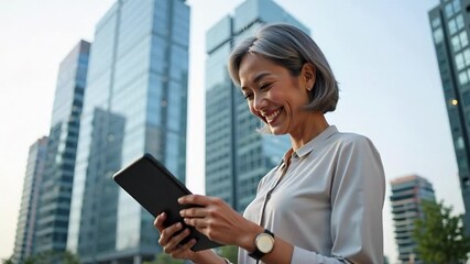 Smiling senior woman enjoys tablet with vibrant cityscape views, embracing modern technology in a dynamic urban environment for connection and leisure - Powered by Adobe