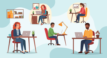 Diverse team working remotely from home offices. Illustration ideal for websites, blogs, or presentations on remote work.
