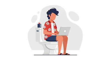Illustration of a person working on a laptop while sitting on the toilet, perfect for articles about work-life balance or remote work.