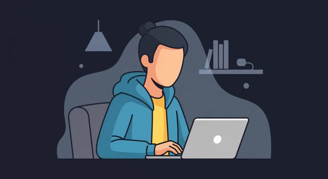 Person working on laptop at night, perfect for website banners or blog posts about remote work.
