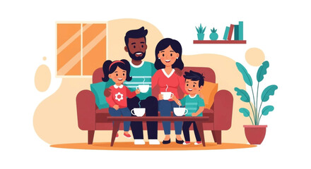 Happy family enjoying a warm drink together at home. Perfect for family, togetherness, and home comfort themes.