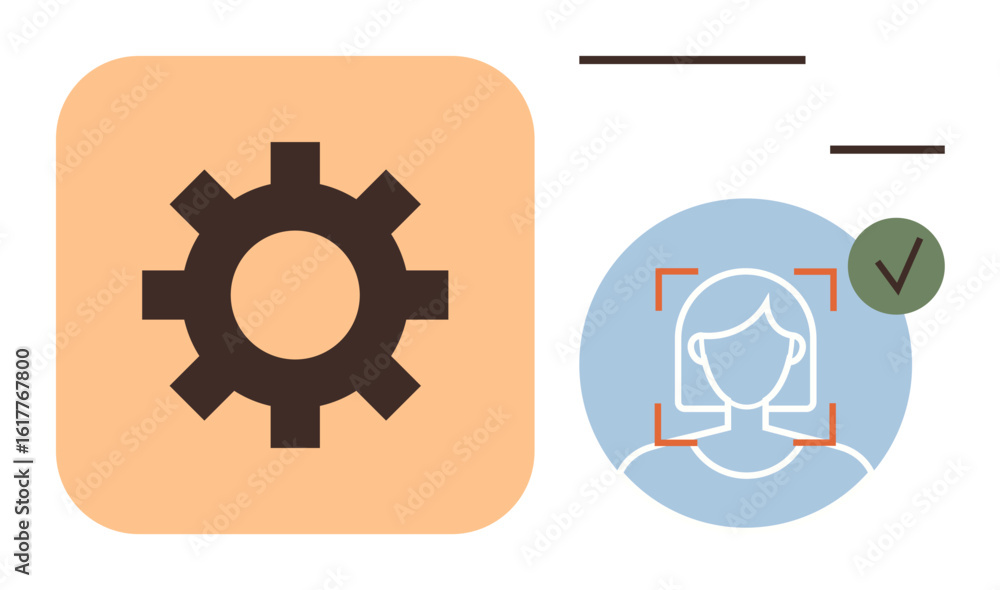 Poster gear icon represents settings or process automation next to face recognition outline with checkmark 