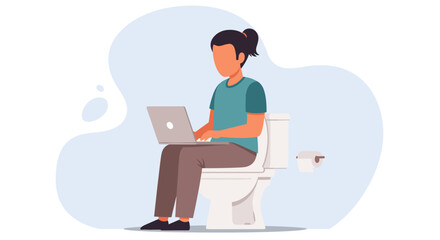Person working on laptop while sitting on toilet, illustration for articles about work-life balance or remote work challenges.