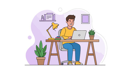 Happy man working on laptop at home office, perfect for blog, website or social media.