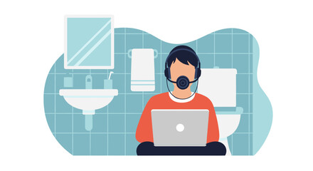 Person working on laptop in bathroom, perfect for illustrating work-life balance or remote work challenges.