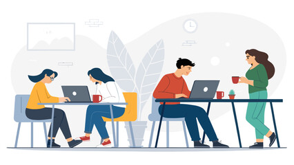 Teamwork, collaboration, and productivity: Illustration of a modern co-working space for website banners or presentations.