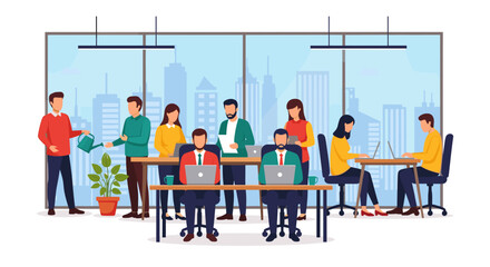 Diverse team of professionals working collaboratively in a modern office, ideal for illustrating teamwork and innovation.