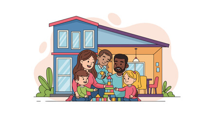Happy diverse family playing with building blocks in front of their new home. Perfect for real estate brochures or family blogs.