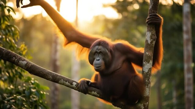 Young orangutan sitting peacefully on tree branch in lush forest during golden hour