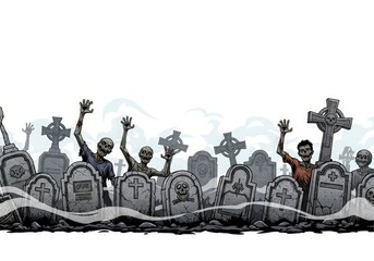 Cartoon graveyard scene with zombies rising from ground amid tombstones