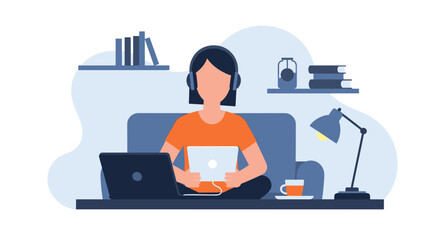Woman working from home with laptop and tablet, perfect for remote work or online learning illustrations.