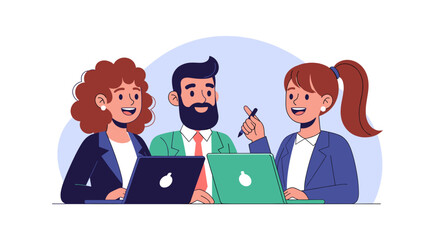 Happy business team collaborating on laptops, perfect for website banners or presentations.