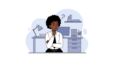 Thoughtful businesswoman at her desk, perfect for websites or presentations on business challenges and problem-solving.