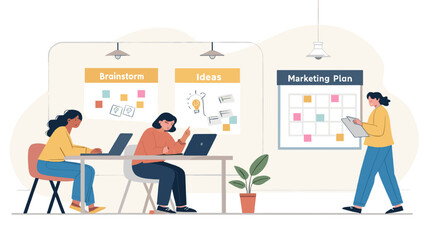 Team brainstorming and planning a marketing strategy. Ideal for business presentations and websites.