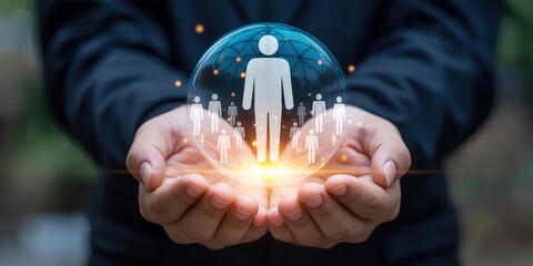 Fostering Employee Engagement: Hands supporting a glowing sphere with a central human figure surrounded by smaller ones, emphasizing team unity and a supportive workplace community