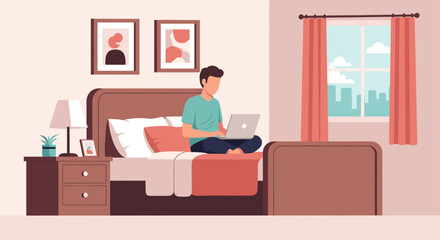Man working on laptop in bed, perfect for illustrating work from home, remote work, or freelance lifestyle concepts.