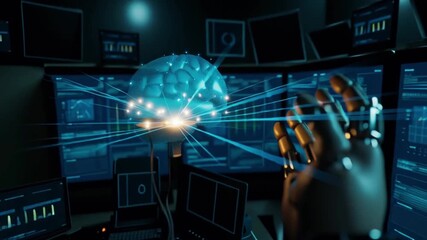 Artificial intelligence robotic hand holding glowing digital brain with data connections in futuristic technology and visualization scene - Powered by Adobe