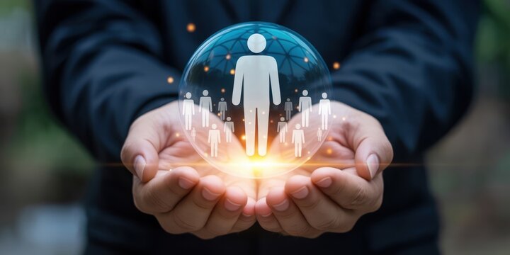 Fostering Employee Engagement: Hands supporting a glowing sphere with a central human figure surrounded by smaller ones, emphasizing team unity and a supportive workplace community