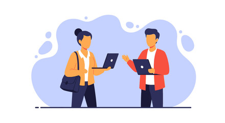 Two colleagues collaborating with laptops, perfect for websites and presentations about teamwork.