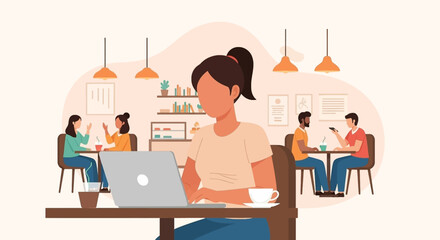 Woman working on laptop in a cafe, ideal for website banners or blog posts about remote work or co-working spaces.