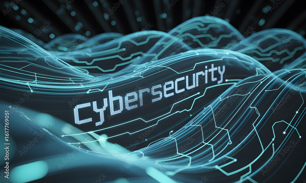 Aufkleber cybersecurity text on wavy digital circuit background: data protection & network security concept