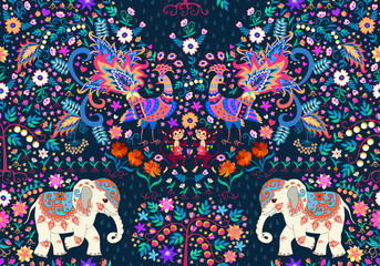 Beautiful seamless pattern with fabulous elephants, monkeys and peacocks among fruit trees and flowers on a black background in vector. Indian, Thai, Indonesian, African motifs. Boho print for fabric.