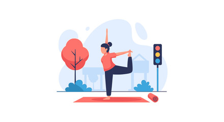 Woman doing yoga outdoors in Natarajasana pose. Perfect for health, wellness, and fitness websites or brochures.