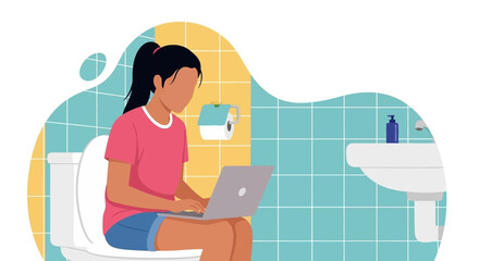Woman working on laptop in bathroom - illustration for articles on work-life balance, remote work challenges, or humor.